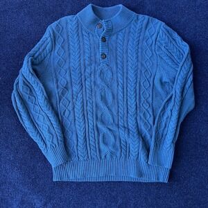 L.L.Bean Sweater Mens Large Tall Blue Cable Knit Henley Mock Neck Organic Cotton